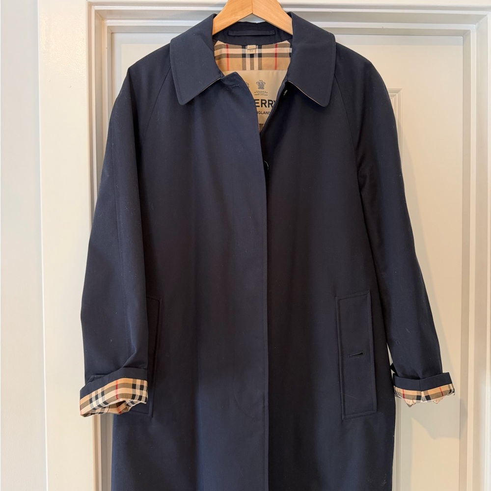 Burberry Navy Driving Coat/Trench Coat with Plaid Lining